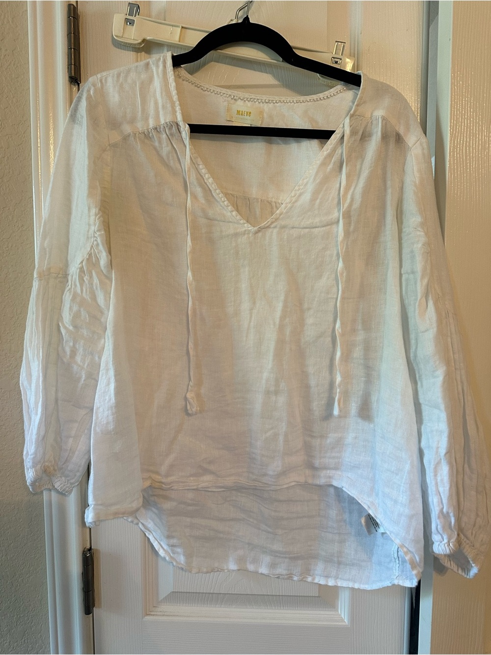 Maeve White Linen Tie-Neck Women's Top